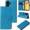 A collage of images showing a blue floral and butterfly patterned flip phone case from different angles. Produktbild-Vorschau