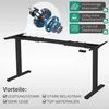 A black electric standing desk frame with a diagram of its motor components and feature callouts. Náhľad obrázku produktu