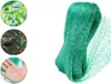 A collage of images showing a green bird netting product, its application on plants, birds interacting with the netting, and a close-up of the netting material. Produktbild-Vorschau