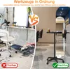 A split image showing a messy salon before and an organized salon after using a salon trolley. Voir les images du produit