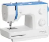 A white and blue sewing machine is shown from a front-diagonal angle against a white background. Produktbild-Vorschau