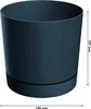 A dark gray cylindrical pot with a saucer base, shown from a slightly elevated front-left angle against a white background. Dimensions are indicated by arrows and text. Produktbild-Vorschau