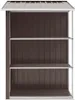 A brown metal garden shed with three shelves, viewed from the front. Náhled obrázku produktu