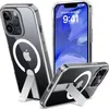 Three views of a clear iPhone case with a silver kickstand and a white MagSafe ring, showing the Apple logo. One view shows the phone screen. Produktbild-Vorschau