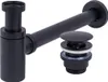 A black bathroom sink drain assembly, including a bottle trap and a pop-up drain. Produktbild-Vorschau