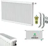 A collage of images showing a white radiator, its components, and a diagram. Produktbild-Vorschau