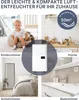 Collage showing a child in a nursery, a kitchen, a bedroom, and a bathroom, with a dehumidifier placed in the center. Produktbild-Vorschau