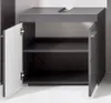 A modern gray bathroom vanity cabinet with two doors, one open, revealing two shelves. The top surface has a cutout for a sink. Produktbild-Vorschau