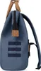 Side view of a blue backpack with brown leather accents. Voir les images du produit