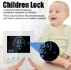 A thermostat is shown next to a smiling baby, with text overlay explaining the 'Children Lock' feature. Produktbild-Vorschau