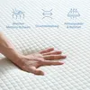 A hand pressing into a white quilted mattress, with icons and German text highlighting product features. Produktbild-Vorschau