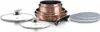 A set of copper-colored pots and pans with glass lids and a detachable handle, arranged on a white background. Podgląd zdjęcia produktu