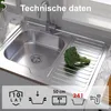A stainless steel kitchen sink with a draining board and a head of broccoli on it. Below the sink are icons representing product features. Produktbild-Vorschau