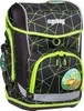A black ergobag school backpack with a geometric pattern and neon green trim, featuring a yellow car graphic on the front pocket. Produktbild-Vorschau