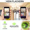 Two hands holding smartphones displaying a chandelier, with one phone showing a green checkmark and the other a red cross. Below this, there are icons and text related to product features and a close-up of an eye. Produktbild-Vorschau