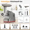 A collage of images showing a meat grinder and its accessories, with dimensions indicated. Produktbild-Vorschau