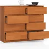 A wooden chest of drawers with eight drawers, some of which are open, against a white background.