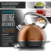 A collage of images showing a copper kettle, tea, coffee, and coffee beans, with product specifications listed. Produktbild-Vorschau