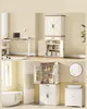Collage of a home office setup and a bathroom vanity area, both featuring white furniture with wood accents. Náhled obrázku produktu