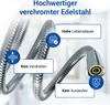 A flexible metal shower hose with descriptive text boxes highlighting its features. Produktbild-Vorschau