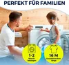 A father and daughter are by a washing machine, with marketing graphics indicating product features. Produktbild-Vorschau
