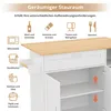 A close-up view of a white kitchen island with a wooden countertop, showcasing its storage features and illustrating different items that can be stored within. Produktbild-Vorschau