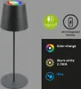 A product image showcasing a black table lamp with colorful RGB lighting on top, accompanied by marketing icons and text. Anteprima dell’immagine prodotto