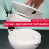 A person is stacking white bowls and there are plants in the background. The image contains marketing text overlays. Náhľad obrázku produktu
