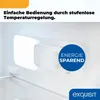 Close-up of a refrigerator's internal temperature control dial and a blue circular badge with text. Produktbild-Vorschau
