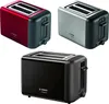 Three Bosch DesignLine toasters in different colors (red, silver, and black) are displayed against a white background. Voir les images du produit