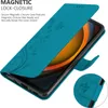 A teal flip phone case with a floral design is shown open, revealing the phone screen inside. A close-up inset shows the magnetic closure detail. Produktbild-Vorschau