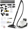 A steam cleaner and its various attachments are laid out on a white background. Produktbild-Vorschau