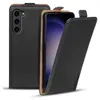 A black flip case for a Samsung Galaxy S23 phone is shown, with the phone partially inserted and the front flap open. Anteprima dell’immagine prodotto
