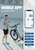 A man is standing next to an e-bike and looking at his phone, with a mobile app interface displayed on the phone screen. Produktbild-Vorschau