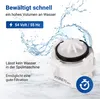 A close-up of a dishwasher drain pump with water splashing around it, accompanied by text highlighting its features. Produktbild-Vorschau