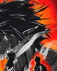 An anime-style illustration depicting a large, monstrous figure with sharp teeth and spiky hair, roaring. In the foreground, a silhouetted human figure stands within a fiery aura, wearing a jacket with a symbol on the back. The background is a vibrant blen Produktbild-Vorschau