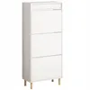 A white shoe cabinet with three flip-down doors and wooden legs, shown against a white background. Produktbild-Vorschau