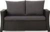 A front view of a dark gray outdoor sofa with two back cushions and a seat cushion. Produktbild-Vorschau