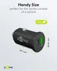 A black car charger with USB-C and USB-A ports, shown with dimensions and weight. Anteprima dell’immagine prodotto