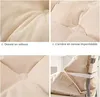 A collage of four close-up images showing the texture and features of a beige cushion, including its velvet front, waterproof canvas back, and how it attaches to a chair. Produktbild-Vorschau