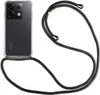 A transparent phone case with a black lanyard attached to a smartphone. Produktbild-Vorschau