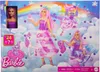 A Barbie advent calendar featuring dolls, a unicorn, and a cat, with a rainbow and clouds in the background. Voir les images du produit