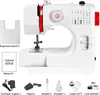 A white sewing machine with red accents, displayed with its accessories and manual. Produktbild-Vorschau