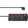 A black power strip with multiple outlets and switches, along with its power cord and plug. Produktbild-Vorschau