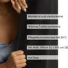 A person is holding a black curtain, with text overlays describing its features. Produktbild-Vorschau
