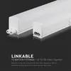Close-up view of two white linkable T5 batten light fittings against a dark background, with text describing their features. Produktbild-Vorschau