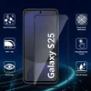 A marketing image for a screen protector for a Samsung Galaxy S25 phone, showcasing its features. Produktbild-Vorschau