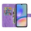 A purple wallet case for a smartphone, open to reveal card slots and a bill compartment, with a smartphone inserted. Produktbild-Vorschau