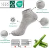 A diagram illustrating features of a gray sock, with additional images of bamboo stalks and textile close-ups. Produktbild-Vorschau