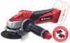 A red and black cordless angle grinder with a silver grinding disc guard, shown against a white background. There are promotional overlays indicating 'POWER X CHANGE' and a symbol with two batteries crossed out, along with text in multiple languages statin Podgląd zdjęcia produktu
